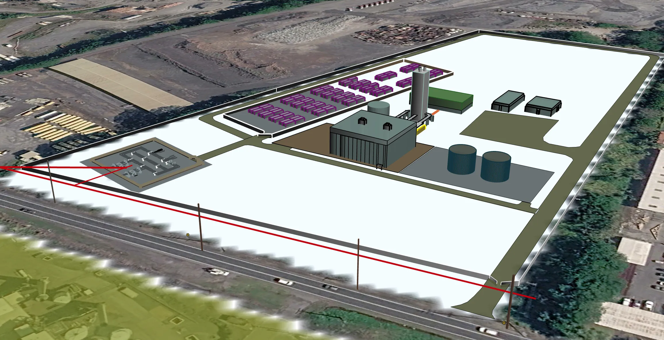 Concept rendering of the Alahao site seen from the road: the switchyard in front, with the engine hall, fuel tanks and battery yard behind