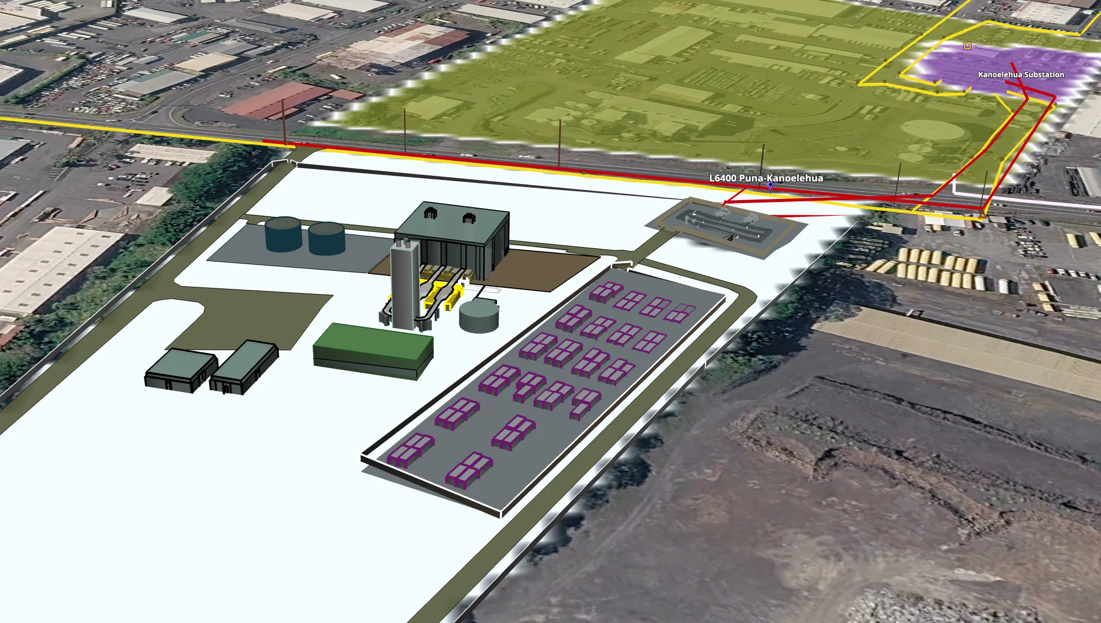 Concept rendering of Alahao Firm Generation and Alahao Energy Storage at Panaʻewa, Hilo: engine hall and stack, fuel tanks, battery yard, and switchyard beside the Kanoelehua substation