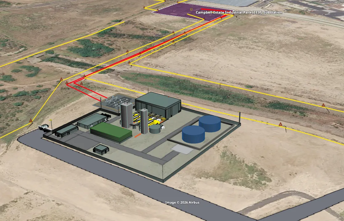 Concept rendering of Harborside Generating Station and its interconnection line to the Campbell Estate Industrial Park substation