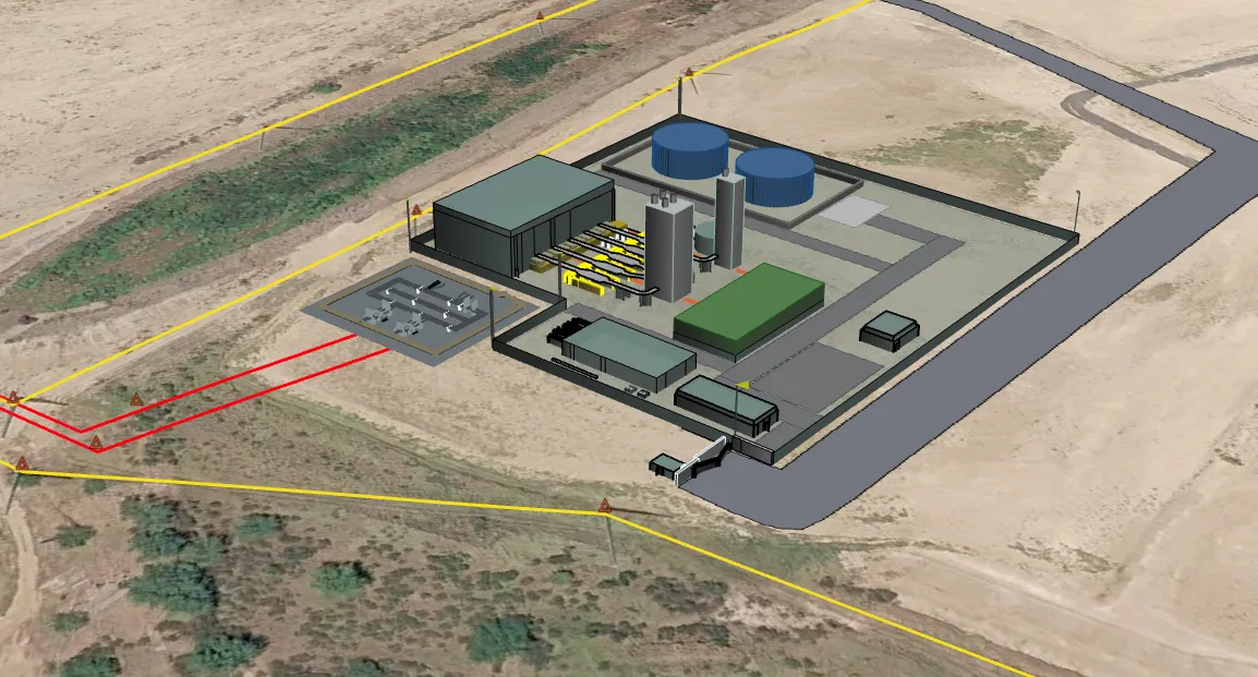 Concept rendering of Harborside Generating Station on Oʻahu: engine hall, stacks, fuel tanks inside a containment berm, and the switchyard